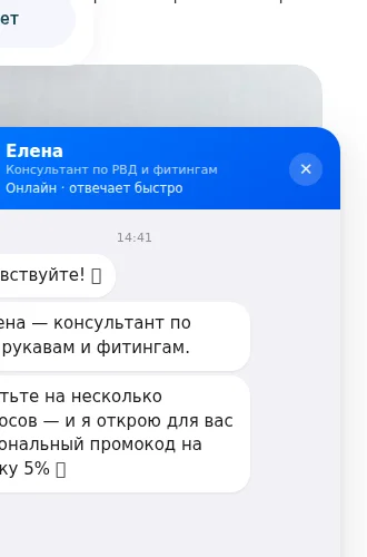 Диалог с чат-ботом Еленой — приветствие и промокод